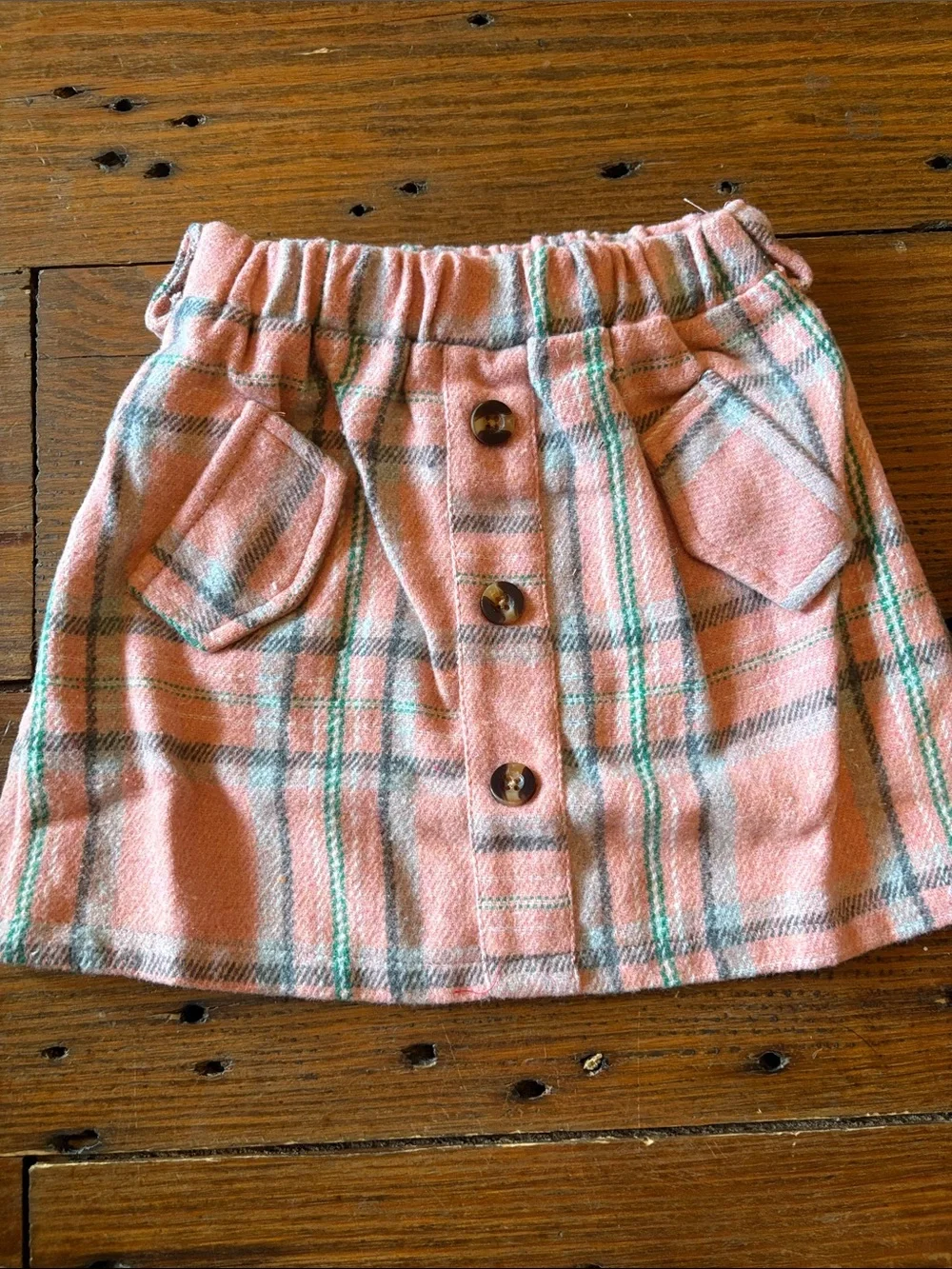 Girls Pink Ribbed Top & Plaid Button Skirt Set